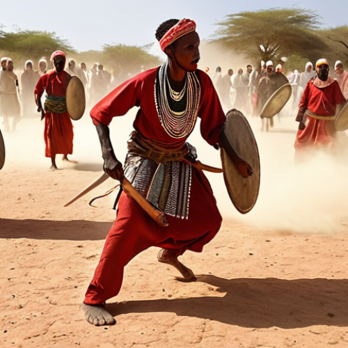 Home 11 **
`A dynamic action shot of Dhaanto warriors in traditional Somali attire engaged in a rhythmic, dance-like combat, wielding shields and clubs under the warm light of the African sun. Focus on movement and the dust kicking up from the dry ground. Incorporate elements of traditional Somali patterns and designs into the clothing and shields.`
**