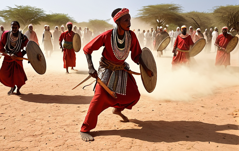 **
`A dynamic action shot of Dhaanto warriors in traditional Somali attire engaged in a rhythmic, dance-like combat, wielding shields and clubs under the warm light of the African sun. Focus on movement and the dust kicking up from the dry ground. Incorporate elements of traditional Somali patterns and designs into the clothing and shields.`
**