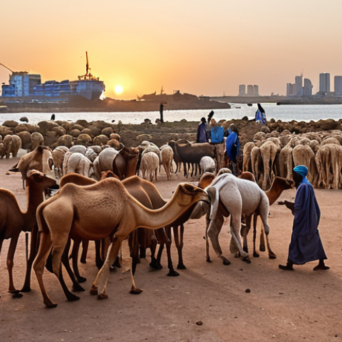 Home 6 **A bustling Somali livestock market at dawn. Camels, goats, and sheep are traded amidst traditionally dressed Somali herders. In the background, a modern port city skyline hints at future economic growth.** *(Keywords: Somalia, livestock, camels, goats, herders, market, dawn, port city, trade, economy)*