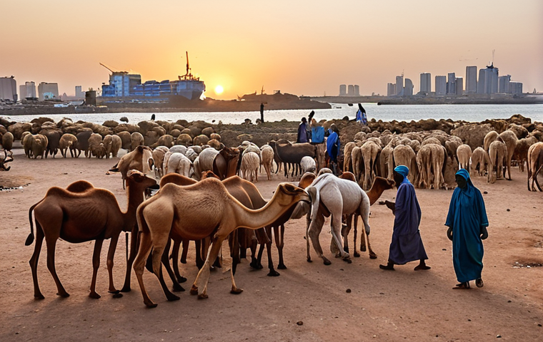 **A bustling Somali livestock market at dawn. Camels, goats, and sheep are traded amidst traditionally dressed Somali herders. In the background, a modern port city skyline hints at future economic growth.** *(Keywords: Somalia, livestock, camels, goats, herders, market, dawn, port city, trade, economy)*