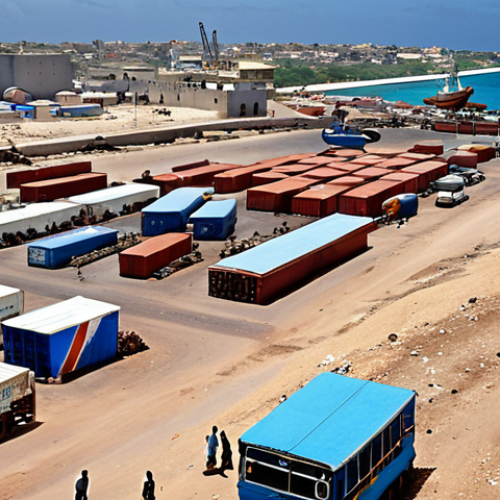 **Vibrant Somali Progress:** A dynamic and hopeful scene in Somalia's capital, Mogadishu. In the foreground, a modern, bustling port facility with cargo ships, newly paved roads, and contemporary buildings. Somali people are actively engaged in various roles – working, trading, and utilizing new telecommunication services on smartphones. The image should convey a sense of economic revitalization and opportunity, with bright, optimistic lighting. Subtle elements hint at infrastructure development and modernization, reflecting a blend of traditional Somali life with new advancements.