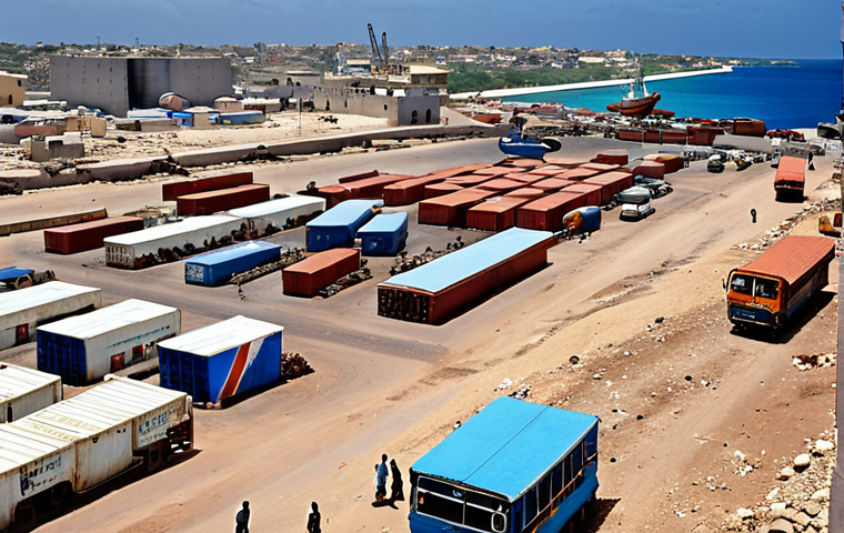 **Vibrant Somali Progress:** A dynamic and hopeful scene in Somalia's capital, Mogadishu. In the foreground, a modern, bustling port facility with cargo ships, newly paved roads, and contemporary buildings. Somali people are actively engaged in various roles – working, trading, and utilizing new telecommunication services on smartphones. The image should convey a sense of economic revitalization and opportunity, with bright, optimistic lighting. Subtle elements hint at infrastructure development and modernization, reflecting a blend of traditional Somali life with new advancements.