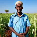 Somali Farmer & Drought-Resistant Crops**

"A professional photograph of a Somali farmer, fully clothed in modest, practical attire, standing proudly in a field of drought-resistant sorghum. The background shows the red soil of Somalia under a clear blue sky. The scene is bright and hopeful, emphasizing the resilience of agriculture in the region. Perfect anatomy, correct proportions, natural pose, well-formed hands, proper finger count, natural body proportions, appropriate content, safe for work, professional, family-friendly."

**