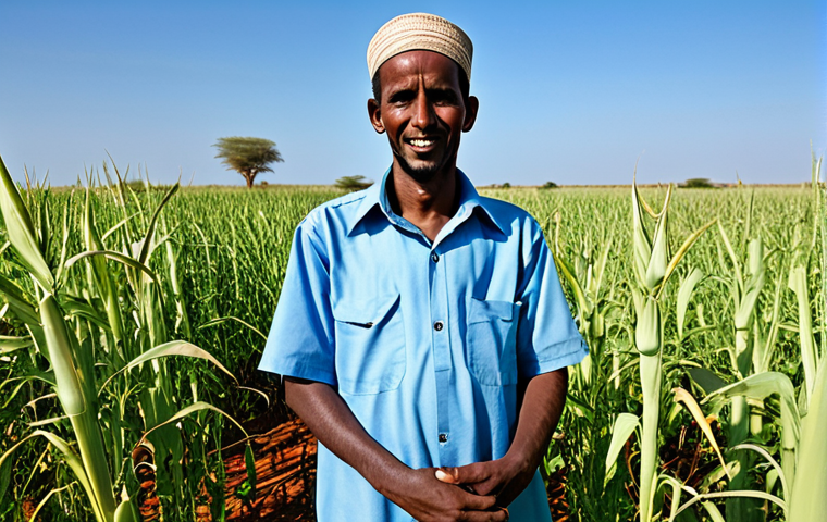 Somali Farmer & Drought-Resistant Crops**

"A professional photograph of a Somali farmer, fully clothed in modest, practical attire, standing proudly in a field of drought-resistant sorghum. The background shows the red soil of Somalia under a clear blue sky. The scene is bright and hopeful, emphasizing the resilience of agriculture in the region. Perfect anatomy, correct proportions, natural pose, well-formed hands, proper finger count, natural body proportions, appropriate content, safe for work, professional, family-friendly."

**