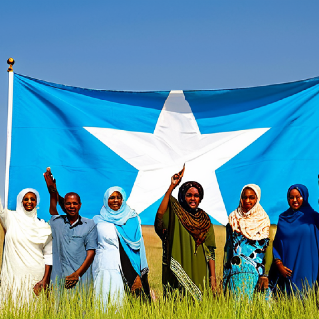 소말리아 국기와 국가 상징 - Unity and the Star**
"A group of fully clothed Somali people from diverse backgrounds gathered arou...