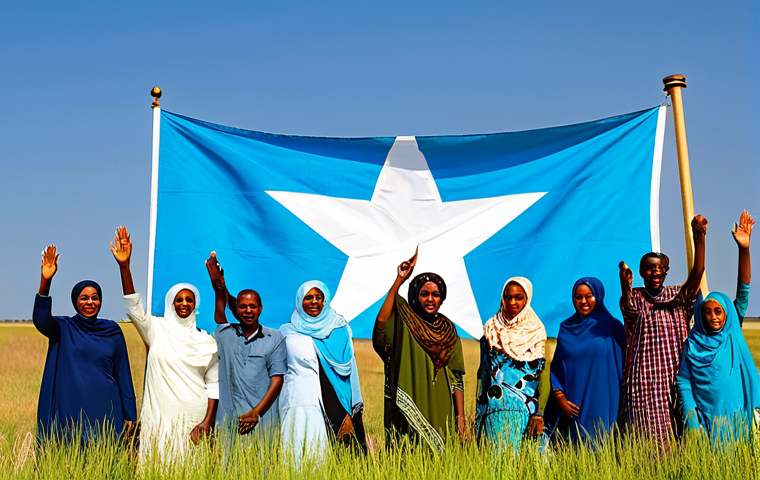 소말리아 국기와 국가 상징 - Unity and the Star**
"A group of fully clothed Somali people from diverse backgrounds gathered arou...