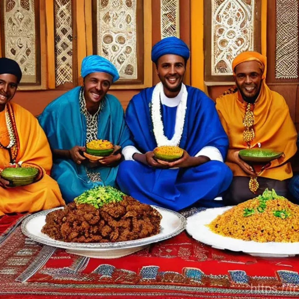 소말리아 문화적 특징 - **Prompt 1: A Somali Family's Warm Hospitality**
    "A vibrant and bustling indoor scene in a tradi...