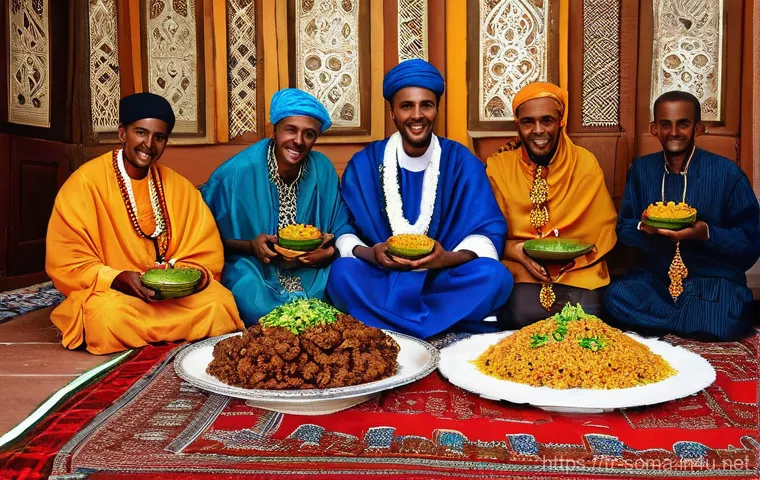 소말리아 문화적 특징 - **Prompt 1: A Somali Family's Warm Hospitality**
"A vibrant and bustling indoor scene in a tradi...