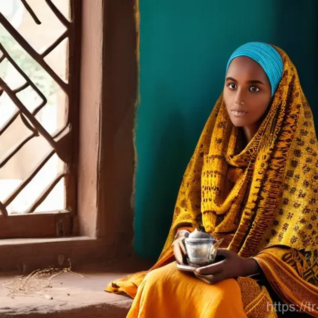 소말리아와 이슬람 문화 - **Somali Woman in Daily Life:** A full-body portrait of a young Somali woman, no older than 25, eleg...