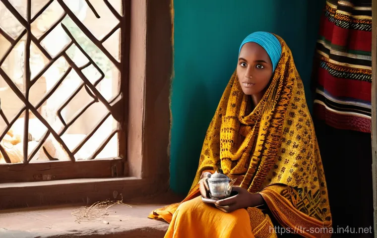 소말리아와 이슬람 문화 - **Somali Woman in Daily Life:** A full-body portrait of a young Somali woman, no older than 25, eleg...