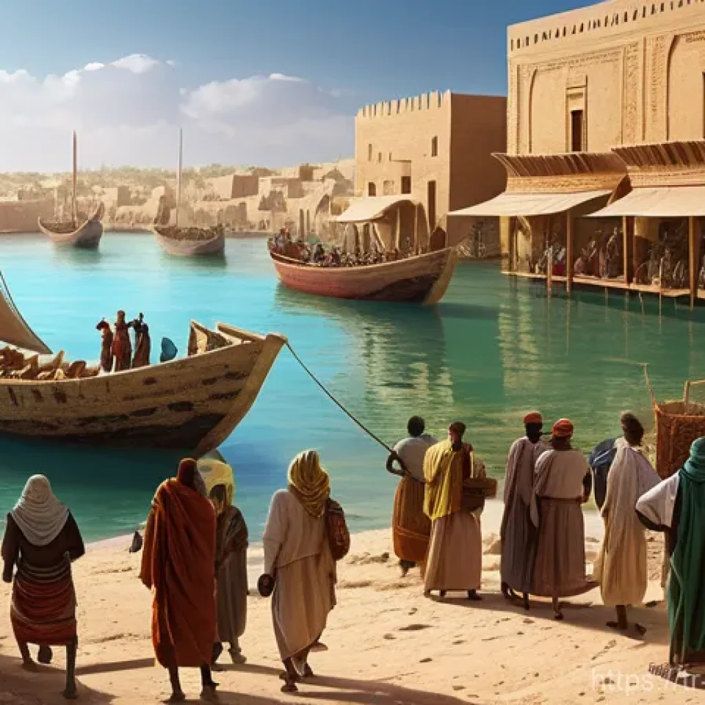 소말리아 역사적 지도 - **Prompt:** A vibrant ancient port scene in the Land of Punt (ancient Somalia), with a detailed Egyp...