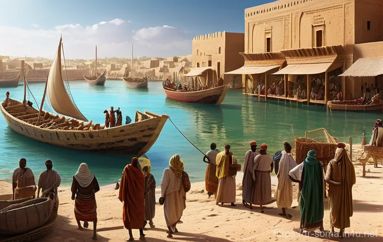 소말리아 역사적 지도 - **Prompt:** A vibrant ancient port scene in the Land of Punt (ancient Somalia), with a detailed Egyp...