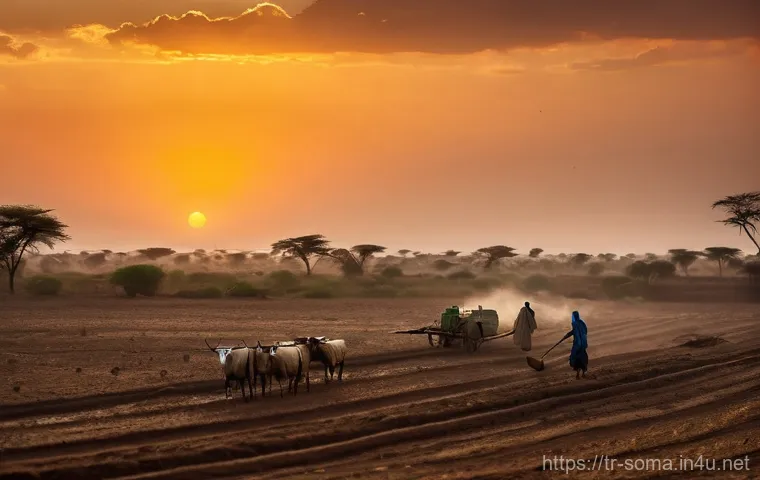 소말리아의 주요 농기구 - **Prompt 1: The Enduring Spirit of Traditional Somali Farming**
"A wide-angle, cinematic shot of...