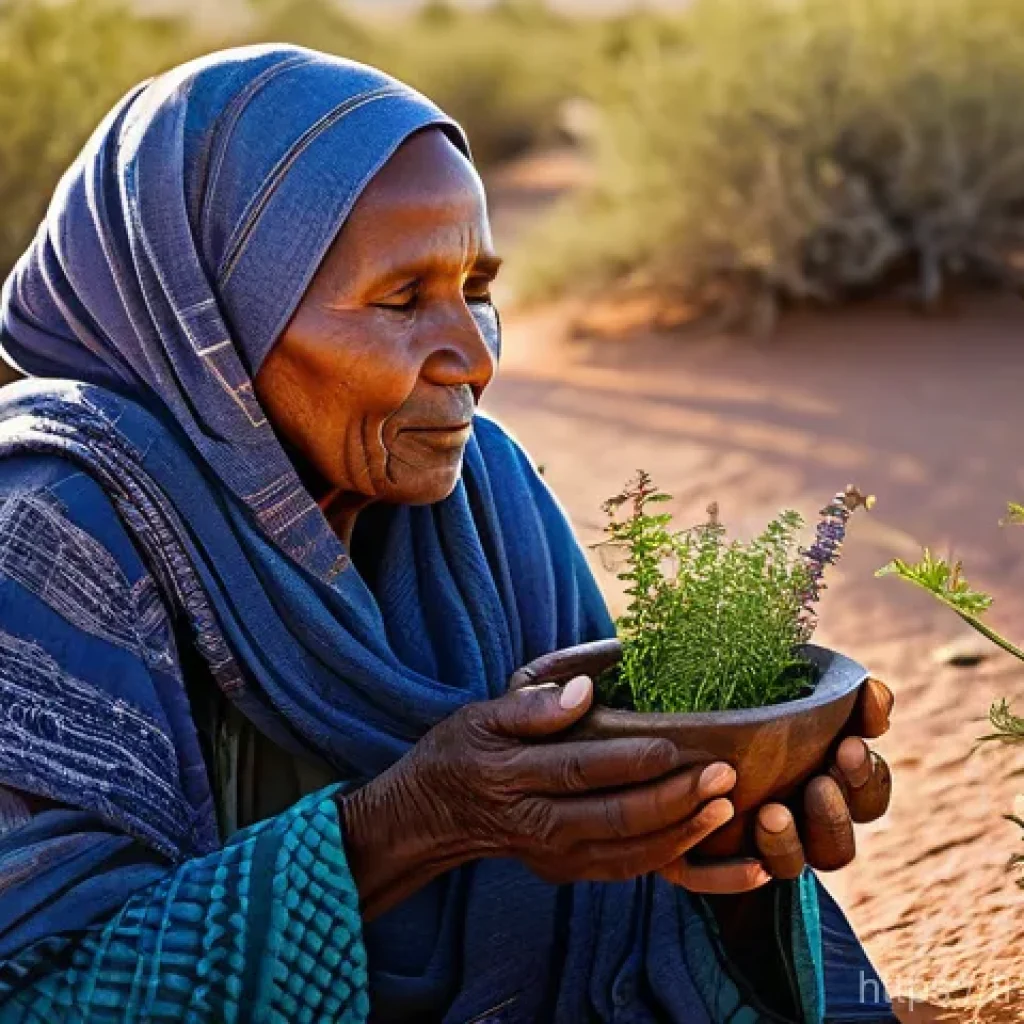 소말리아의 전통 의술 - An elderly, wise Somali traditional healer, a woman with kind eyes and weathered hands, is carefully...