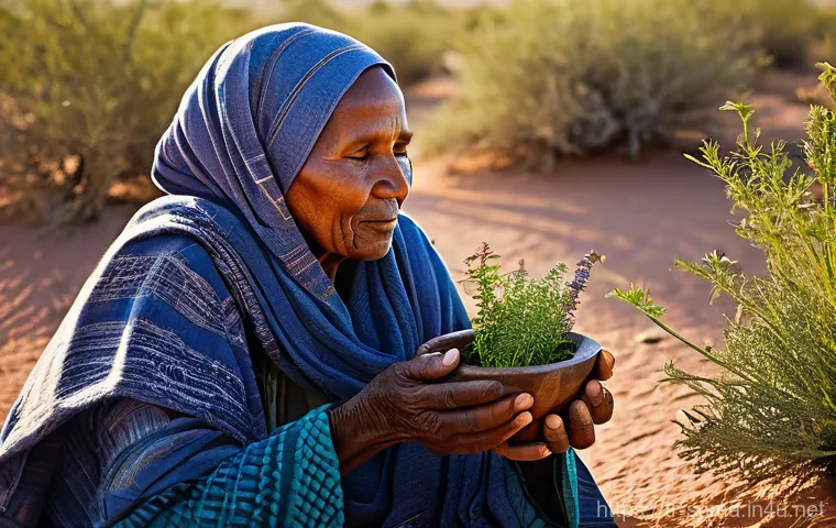 소말리아의 전통 의술 - An elderly, wise Somali traditional healer, a woman with kind eyes and weathered hands, is carefully...