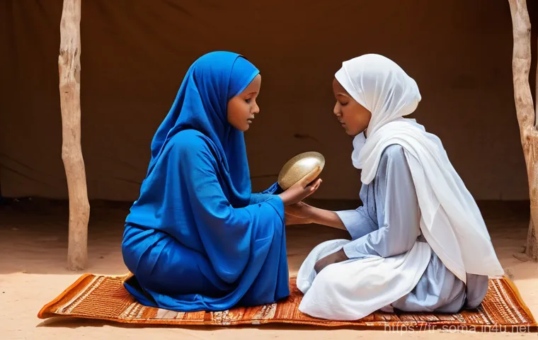 소말리아의 전통 의술 - An elderly, wise Somali traditional healer, a woman with kind eyes and weathered hands, is carefully... 소말리아의 전통 의술 - An elderly, wise Somali traditional healer, a woman with kind eyes and weathered hands, is carefully...