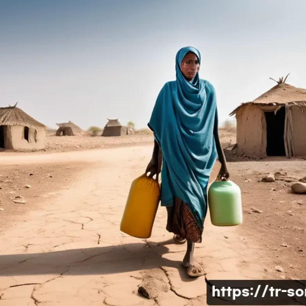 소말리아 환경 문제 - A poignant, hyperrealistic photograph of a Somali village ravaged by severe drought. The foreground ...