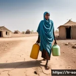 소말리아 환경 문제 - A poignant, hyperrealistic photograph of a Somali village ravaged by severe drought. The foreground ...