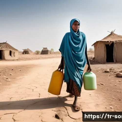 Home 27 소말리아 환경 문제 - A poignant, hyperrealistic photograph of a Somali village ravaged by severe drought. The foreground ...
