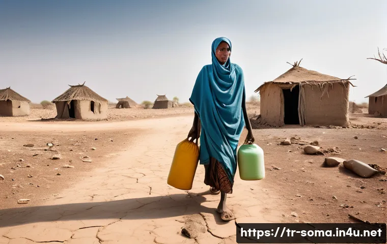 소말리아 환경 문제 - A poignant, hyperrealistic photograph of a Somali village ravaged by severe drought. The foreground ...