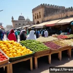 소말리아 주요 관광지 - **A Vibrant Mogadishu Market Scene with Historical Architecture:**
An atmospheric, wide-angle sh...