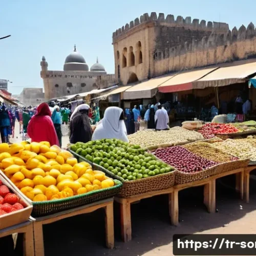 Home 26 소말리아 주요 관광지 - **A Vibrant Mogadishu Market Scene with Historical Architecture:**
An atmospheric, wide-angle sh...