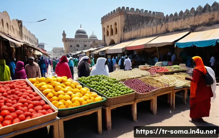 소말리아 주요 관광지 - **A Vibrant Mogadishu Market Scene with Historical Architecture:**
An atmospheric, wide-angle sh...